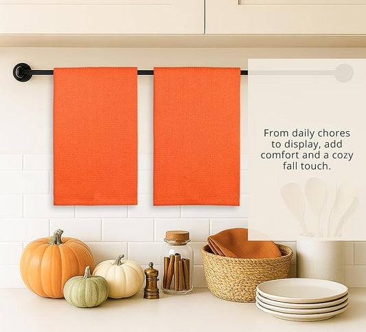 PurpleEssences Waffle Weave Kitchen Towel, 100% Cotton - 15 x 25 Inches, with Hanging Loop Ultra Soft Absorbent Quick Drying Dish Cloth, Tea and Hand Towels, 4 Pack Fall Thanksgiving - Orange