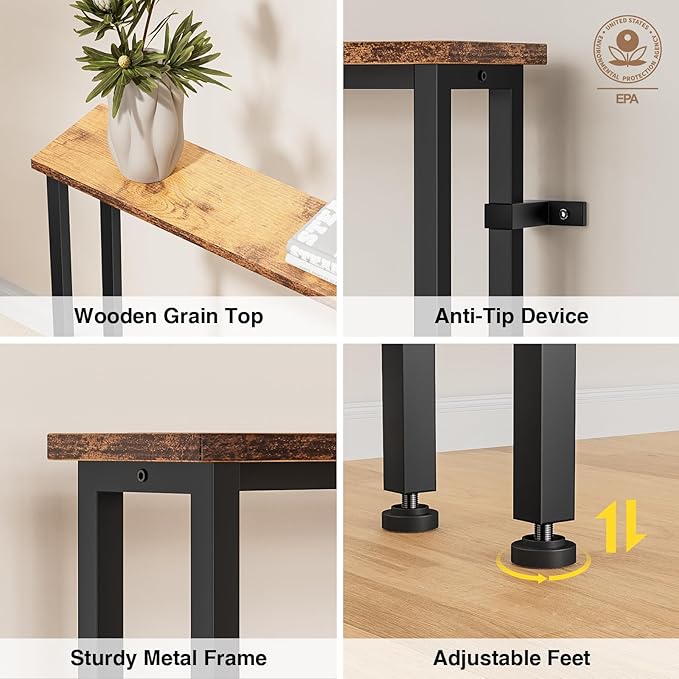 78" Narrow Console Sofa Table - 2 Power Outlets & 4 USB Ports, Metal Frame, Rustic Brown, Perfect for Hallway, Office, and Behind Sofa - Easy Assembly, 4.9' Extension Cord Included
