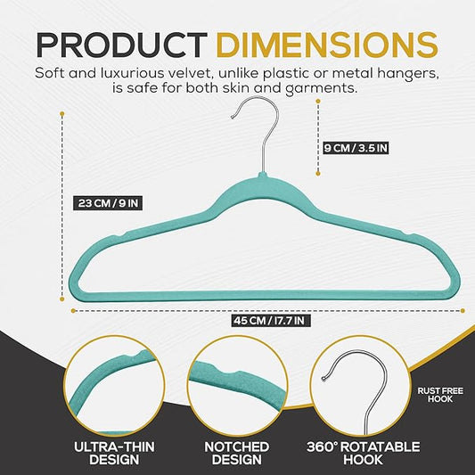 50 Pack New Premium Quality Velvet Hangers Ultra Thin Non Slip Adult Felt Space Saving Hangers for Closet Heavy Duty Coat Pants Dress Hangers 360° Swivel Hook Hold Upto 10 lbs Teal