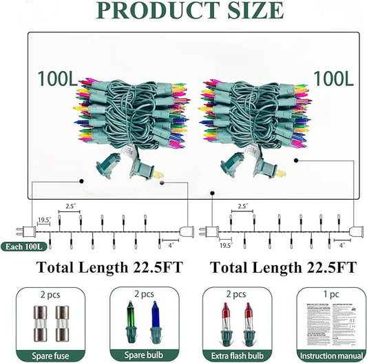 Christmas Lights Multicolor,Incandescent Light String Green Wire Indoor Outdoor, 200 Counts(2x100) 45 FT Length,Tree Light, Holiday Decorations in Party Birthday Bar