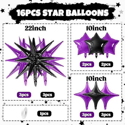 Purple Black Star Balloon,16Pcs Star Foil Balloons Set with 22Inch Explosion Spike Cone Balloons and 10Inch Quadrangle Helium Balloon for Birthday Wedding Baby Shower and Halloween Party Decorations