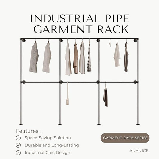 Industrial Pipe Clothing Rack, Heavy Duty Wall Mounted Clothes Rack,Retail Display Hanging Garment Rod for Laundry Rooms, Closet Storage, 14.6x110x82.7 Inches, Model K04
