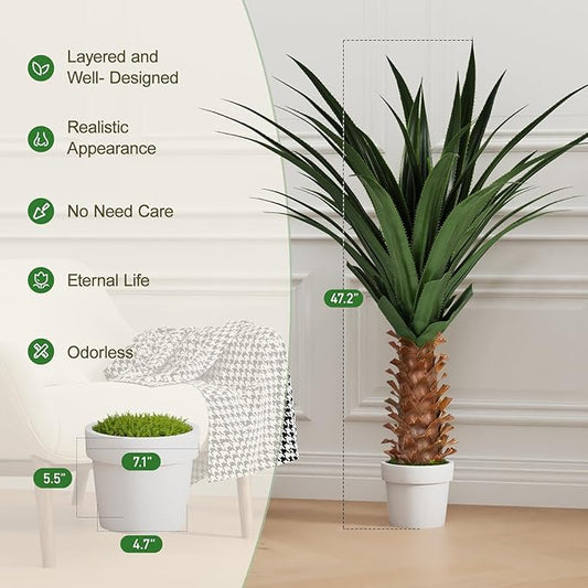 Set of 2 Artificial Agave Plants 4ft Each, Realistic Faux Spiked Agave Trees with Lifelike Leaves and Moss in White Pots, Indoor Outdoor Floor Plants for Home Office Patio Porch Decor