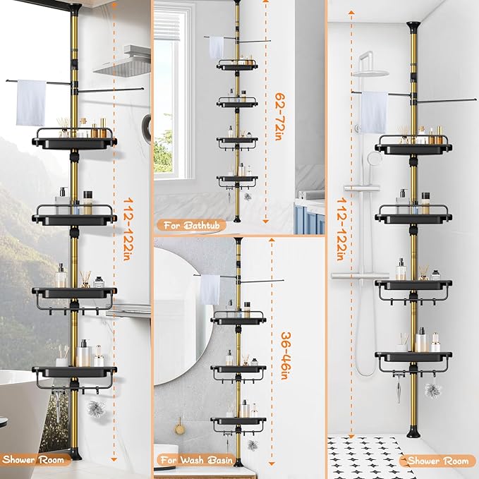 Upgrade Sturdy Shower Caddy Tension Pole Black and Gold Corner Shower Caddy 18/8 Stainless Steel Rustproof 4 Tier Adjustable Shelves for Bathtub Shampoo Accessories Storage Rack 32-122inch