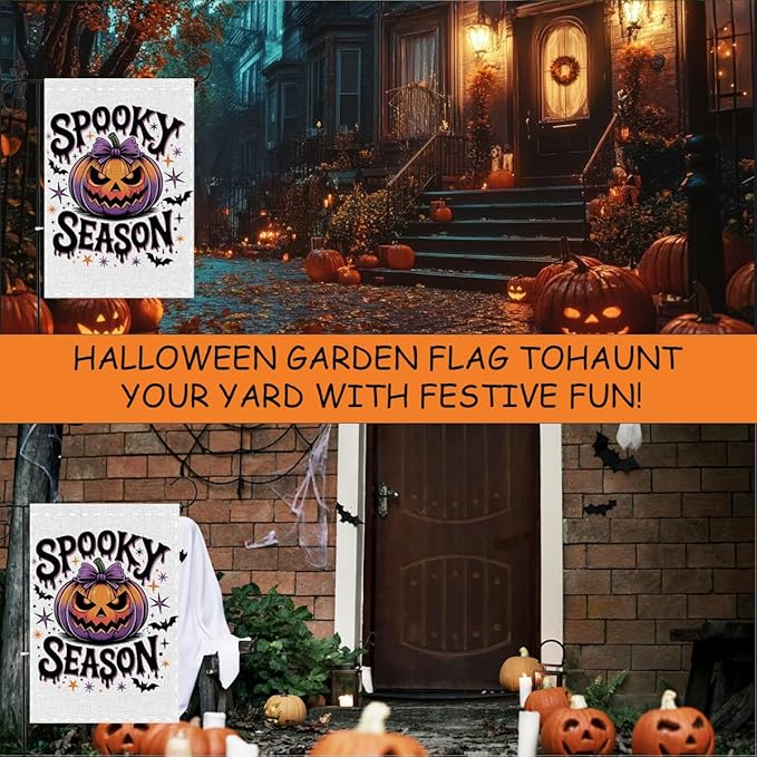 Fokongna Spooky Season Garden Flag, Halloween Scary Pumpkin Bat Decor Flag, 12x18 Inch Burlap Vertical Double Sided Flags, for Home Yard Outside Decorations