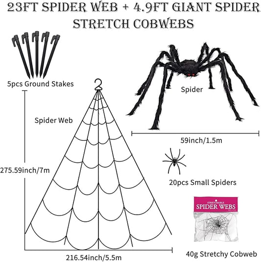 275" Halloween Triangle Spider Web and 59" Giant Spider Decorations Set with Stretch Cobweb - Halloween Party Supplies for Indoor Home Yard Patio Garden Haunted House Decor
