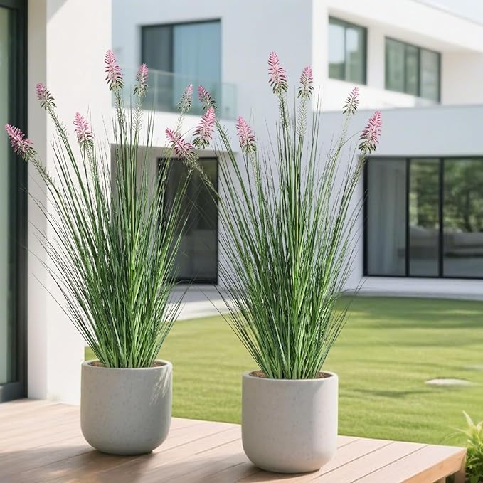 4ft 2-Pack Horsetail Reed Grass with Purple Cockscomb Flower, 48in Tall Indoor Outdoor Green Onions Fake Plants in Pot, Home Office Decorative Artificial Plant & Greenery, Wedding Décor