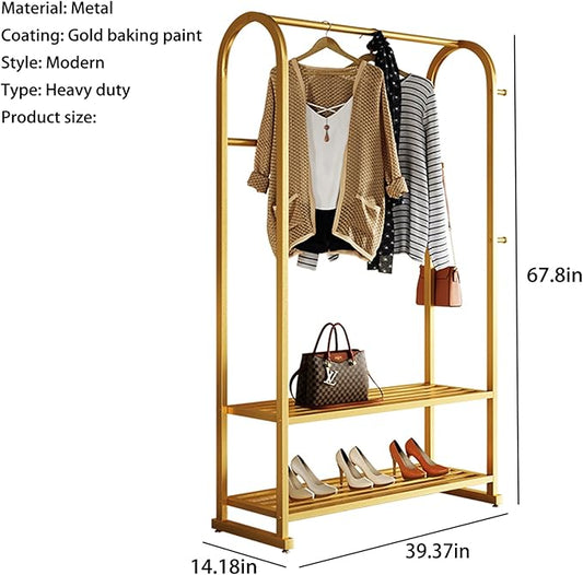 Gold clothing rack,Heavy duty clothes rack with shelves,Metal garment rack for hanging clothes,Wardrobe rack for Boutique, Retail or Home