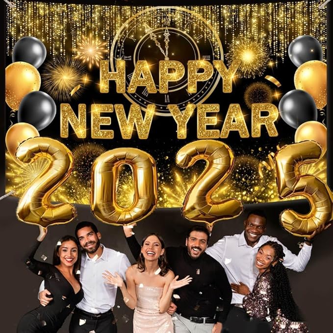 Black Gold Happy New Year Backdrop 2026 Kiss Me at Midnight Photography Background Cheers to The New Year Eve Hello 2026 Party Decorations Firework New Years Banner Photo Props 8x6ft