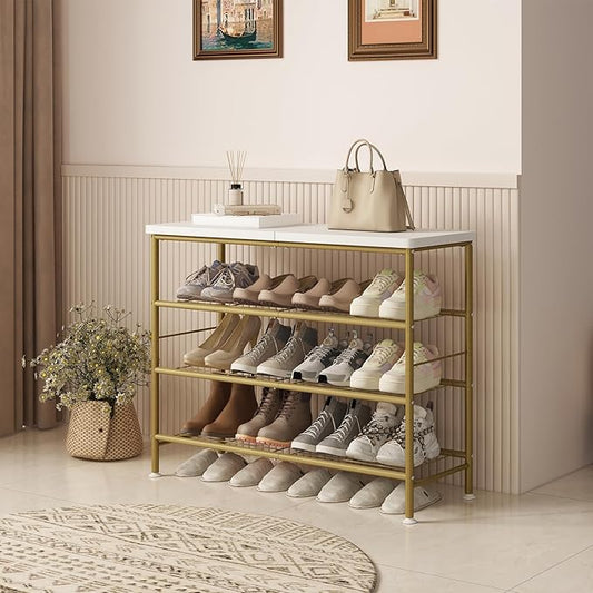 Shoe Rack Organizer 4 Tier for Closet Entryway Free Standing Metal Storage Shoe Shelf with MDF Top Board,Gold