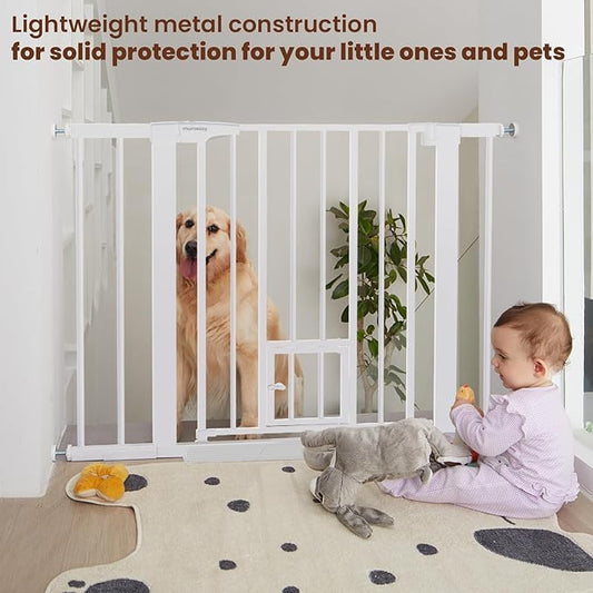 Mumeasy 36" High Extra Tall Baby Gate with Cat Door, 29.6"-40.5" Wide Pressure Mounted Dog Gate with Small Pet Door, Auto Close Pet Gate for House,Stairs,Doorways,White
