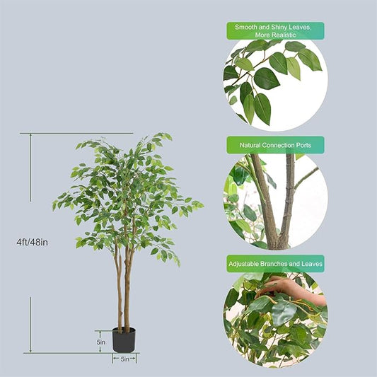 Tall UV Resistant Ficus Tree Artificial,4ft(48in) Faux Ficus Tree with Realistic Smooth and Shiny Leaves, Fake Trees Indoor Outdoor for Home Office Living Room Bedroom Foyer Porch Decor.
