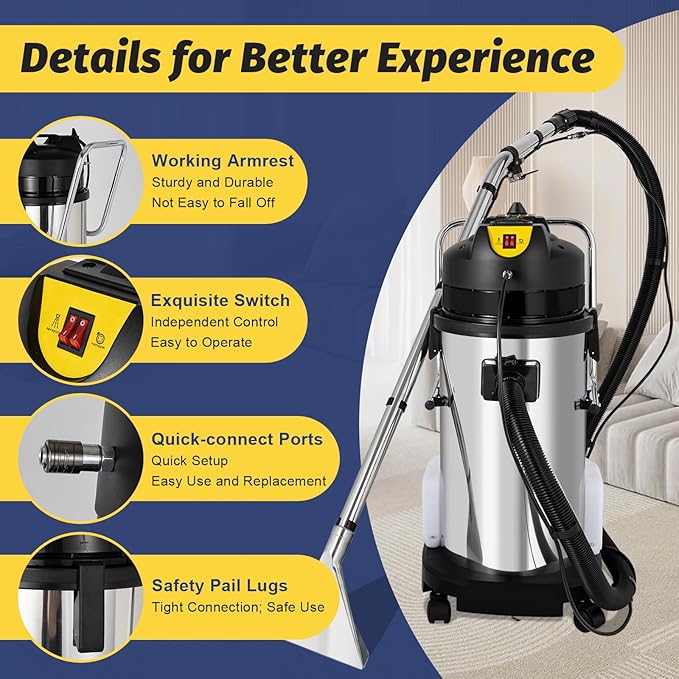 Carpet Cleaner Machine, 3 in 1 Portable Wet Dry Sofa Curtain Fabric Dust Cleaner,40L Commercial Floor Cleaning Machines with Long Flat/Dry/Water Vacuum Head and Round Brush