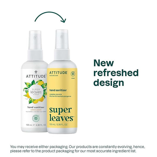 ATTITUDE Hand Sanitizer Spray, EWG Verified, Kills Germs & Bacteria, Vegan & Plant-Based, Safe for Adults & Kids, Lemon Leaves Scent, 3.38 Fl Oz (Spray Bottle)