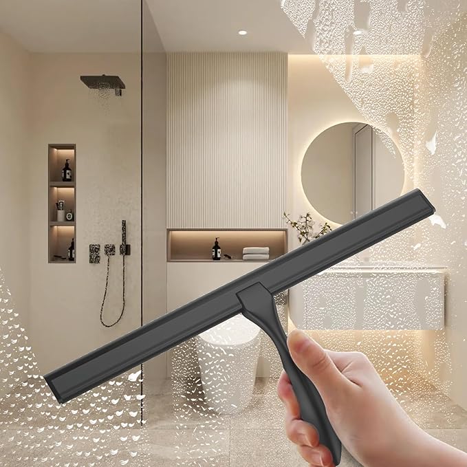peafowl Shower Squeegee Stainless Steel Bath Squeegee for Shower Glass Doors Bathroom Windows Kitchen Mirror and Car Glass with Hooks Holder (14 inch, Black)