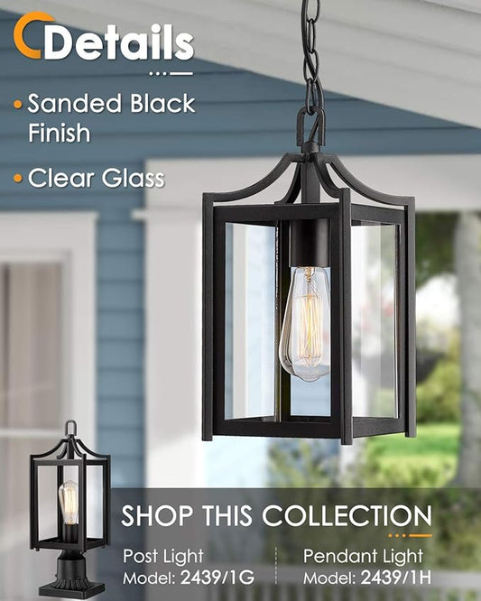 Outdoor Pendant Light, 14" Large Modern Hanging Porch Light with Adjustable Chain, Black Exterior Outdoor Hanging Lantern with Clear Glass for Porch Foyer Gazebo, 2439/1H