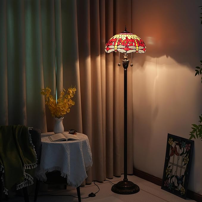 Tiffany Floor Lamp Dragonfly Red Stained Glass Floor Light Bright Lighting Rustic Standing Lamp Vintage Unique Bronze Reading Corner Lamp for Home Decor Living Room Bedroom 16X16X64 Inches