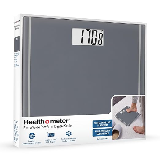 Health o meter Extra Wide Digital Bathroom Scale – 500 lb Capacity, 13.5"x11.8" Platform, Tracks 4 Users, 3.5" LCD Display, Precision Weighing, 2 AAA Batteries – Accurate, Easy to Read, Durable