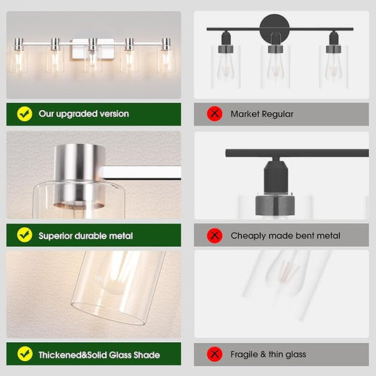 5-Light Modern Vanity Light Fixtures Over Mirror, Brushed Nickel Bathroom Light Fixtures, Vanity Lights, Wall Sconce with Clear Glass Shade for Bathroom, E26 Base