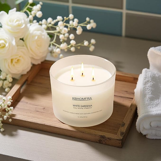 Scented Candle for Home, Patchouli Gardenia Candles Essential Oils, Soy Wax 12.4oz Big Candle,3-Wick 70 Hours Burn,for Festival Luxury Christmas Gift,Sleep Relaxation Ambience