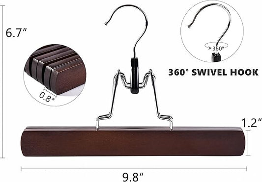 Amber Home Wooden Pants Clip Hangers 10 Pack, Skirt Hangers with Non Slip Padded Velvet, Smooth Finish Solid Wood Jeans/Slack Hanger,Clamp Hangers in Antique Color