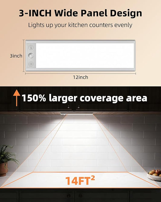 EZVALO 220LM Super Bright Under Cabinet Lighting Wireless, 5000mAh Rechargeable Battery Motion Sensor Light Indoor, Dimmable Under Counter Lights for Kitchen, 3-Inch Ultra-Wide Panel Closet Light