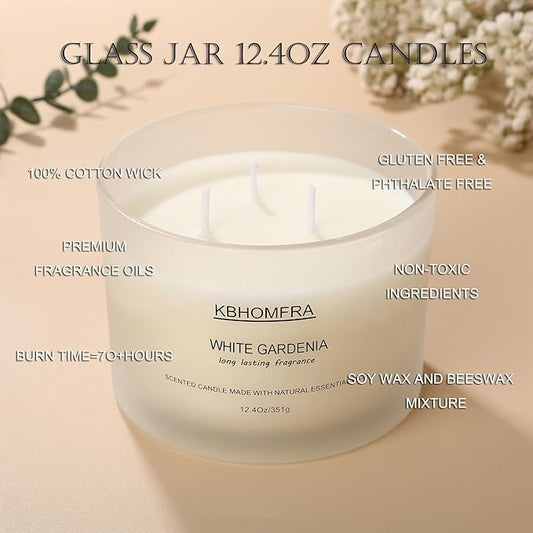 Scented Soy Wax Candle, 12.4 Oz Glass Jar, 70+ Hours Burn Time, Natural Essential Oils, Cotton Wick, Long Lasting Fragrance, Modern Contemporary Style (White Gardenia 2pack)