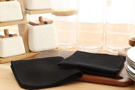 PurpleEssences Dish Cloths and Dish Rags - 8 Pack Waffle Weave Solid Kitchen Dish Wash Cloths, 100% Cotton, 12 x 12 Inches, Ultra Soft Absorbent Quick Drying -Fall Thanksgiving Halloween- Black