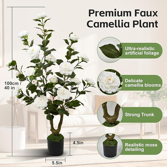 40" Artificial Camellia Tree 2 Pack,Faux Floral Plant Fake Trees with White Blooming Flowers,Artificial Plants Greenery Potted Plant for Outdoor Indoor Home Porch Decor