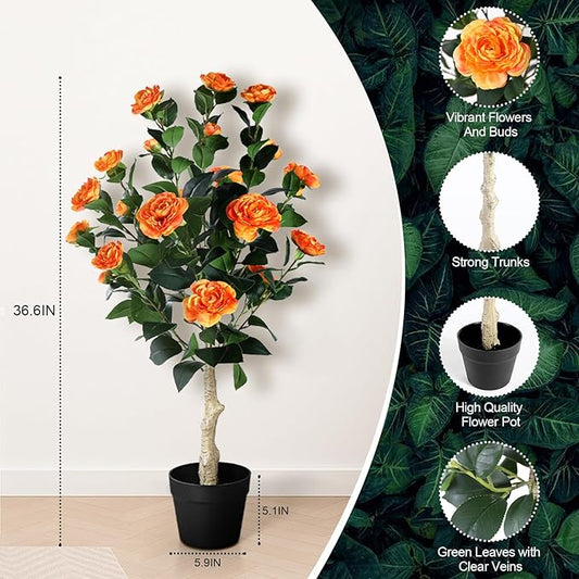 3FT Artificial Camellia Tree, 2 Pack Fake Camellia Tree Artificial Tree, Faux Floral Plants in Cement Pot, Greenery Potted Plant for Indoor Outdoor Home Office Porch Decor (Orange)