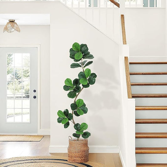 Garvee Fiddle Leaf Fig Tree 6ft Tall Artificial Tree with White Planter,Faux Floor Plant, Indoor Fake Plants for Home Office Decor
