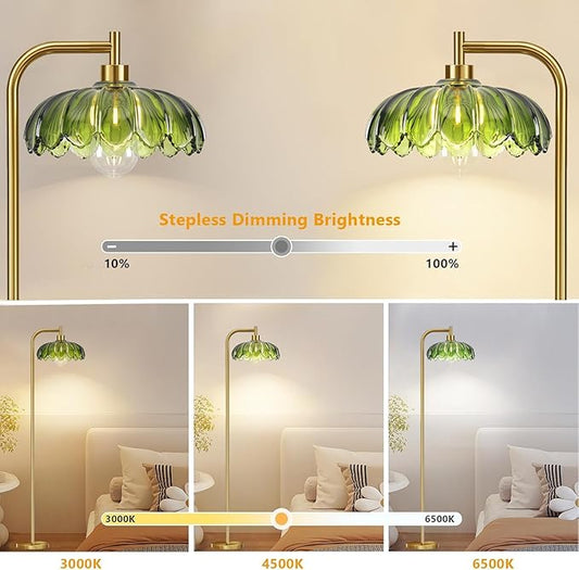 Glass Floor Lamp for Living Room,Bedroom,Gold Mid Century Modern Standing Lamp with Remote Dimmable,Boho Brass Tall Lamp Vintage Retro Green Arc Floor Lamps Flower Floor Light Bohemian