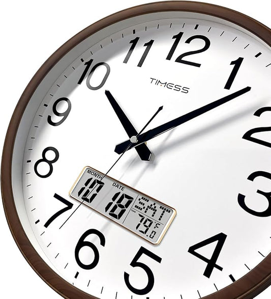 Wall Clock, Classic Wood Style Finish, 16 Inch Non-Ticking Silent Battery Operated Quartz Analog with Perpetual Calendar and F° Temperature Display, Home, Office Décor (Wood Brown)