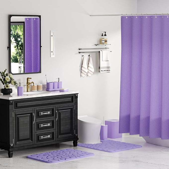 Bathroom Accessories Set - 25PC Bathroom Sets with Shower Curtain and Rugs, Purple Bathroom Accessories with Trash Can, Soap Dispenser, Soap Dish & Toilet Brush