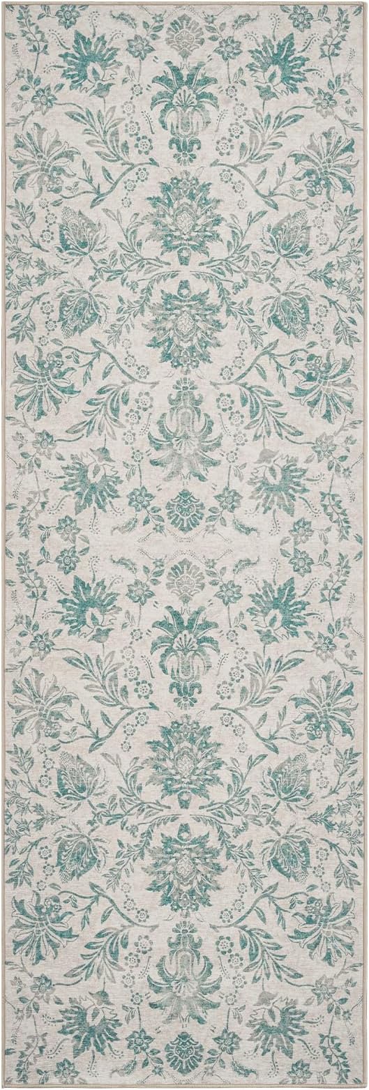 jinchan Runner Rugs 3x10 Vintage-Inspired Floral Design Machine Washable Non-Slip Ultra-Thin Low-Pile Rubber Backing Traditional Rug for Kitchen Hallway Laundry Room Entryway Turquoise