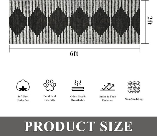 HelloTree Hallway Runner Rug,2x6 Moroccan Modern Stripe Carpet Washable Machine Bathroom Runner Bohemian Design Modern Soft Non Slip Indoor Rug for Entryway Hallway Laundry Room Bedroom-Black