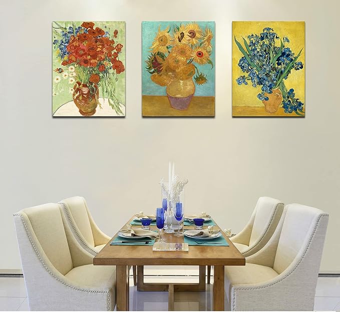 Sunflowers of Vincent Van Gogh Wall Art, Irises Flower Paintings Artwork Reproduction, Giclee Canvas Prints Pictures for Bedroom Kitchen Bathroom Decor 12"x16"x 3 Pcs