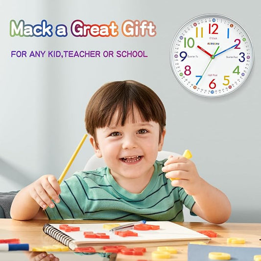 AIRUIFU Kids Wall Clock,Silent Non-Ticking Clocks Battery Operated,Kids Room Wall Decor for Bedrooms,Analog Clock for Bedroom,Living Room,Kitchen,Office,School Classroom (8 inch)
