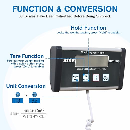 SIKE Digital Physician BMI Scale, Medical Floor Scale for Body Weight, 550 lb Limit Professional Weight Scale, Portable Easy to Read Digital Display, Heavy Duty, 12.5" x 12" Platform