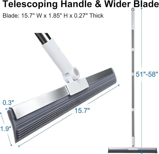 Multi-Function Air Broom for Water & Pet Hair Removal, Floor Squeegee for Tile, Hardwood & Under-Furniture Cleaning with 51″-58″ Telescoping Handle & 180° Rotating Head