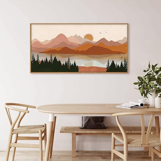 HLNIUC Boho Mountain Burnt Orange Wall Art Framed, Mid Century Modern Terracotta Wall Decor 40x20, Southwest Sunset Canvas Painting, Large Nature Picture for Living Room, Bedroom, Office