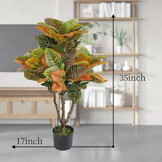 2PCS Artificial Croton Plant, Faux Fiddle Leaf fig Tree,Artificial Trees for Home Decor,Floor Plant,Front Porch Plants with Plastic Pot, Faux Ficus Lyrata Tree,35inch