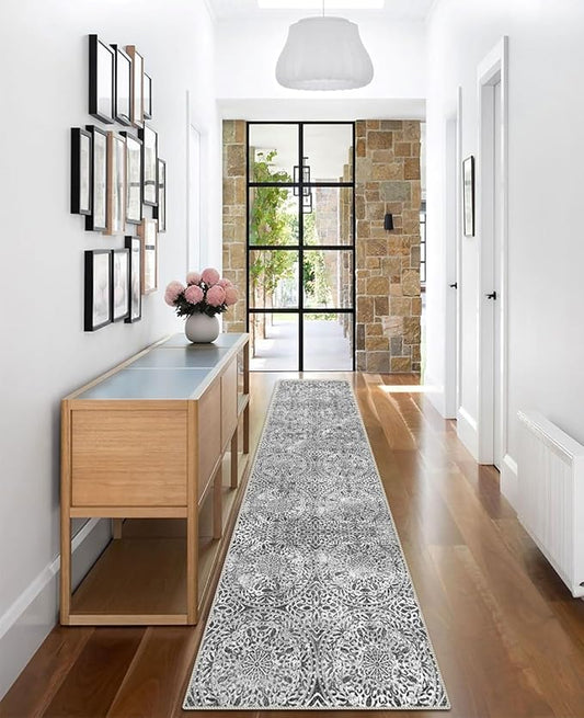 vivorug Runner Rug 2'x7' Machine Washable Non-Slip Runners for Hallways Kitchen Entryway Laundry Room Vintage Medallion Carpet Hallway Runner Grey
