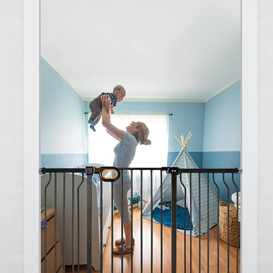 Gate for Baby Indoor 29-57'' Wide, Adjustable Safety Gate for Stairs No Drilling Baby Gate with Door Pet Pressure Mount Gate for Kids Dogs Extension Kit Stairway Doorway Black (30.5'' Tall)