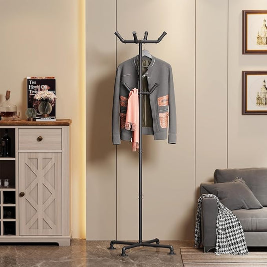 Industrial Coat Rack,Metal Pipe Coat Rack Stand Freestanding with 6 Hooks,Heavy Duty Coat Tree Sturdy Coat Racks for Entryway, Hallway, Bedroom (Black)