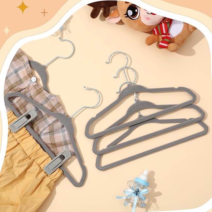 Soaoo 50 Pcs Baby Velvet Non-Slip Hangers with Clips,100 Clips for Pants & Skirts, Space-Saving Kids Children Clothes Hangers for Nursery Closet Organization(Grey)