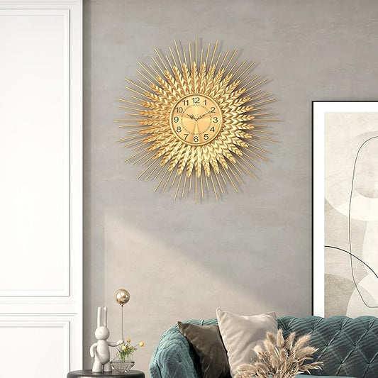 Large Mid Century Gold Wall Clock Decorative Modern Sunburst Wall Clocks, Metal Big Silent Non-Ticking Clock, Luxury Home Gift Decor for Living Room, Bedroom, Dining Room, 24 inch