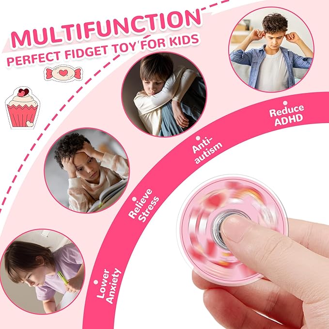 SCIONE 52 PCS Valentine's Day Fidget Spinners for Kids, Pink Heart Fidget Toys Bulk, Mini Sensory Toys for Girls Boys, Valentine's Classroom Exchange Gifts, Kids Party Favors, Treasure Box Prizes