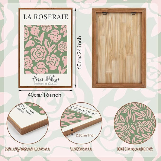 HLNIUC Matisse Picasso Framed Wall Art,Neutral Pink Green Flower Canvas Wall Decor Set of 3(16”x24’) William Morris Framed Wall Painting,Modern Aesthetic Pictures Art Print for Living Room,Bedroom