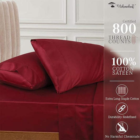 URBANHUT 800 Thread Count Egyptian Cotton Sheets Set King Size, 4 Pc Bed Sheet Sets For King Size Bed, Luxury Hotel Sateen Sheets Fits 16" Deep Pocket - Burgundy